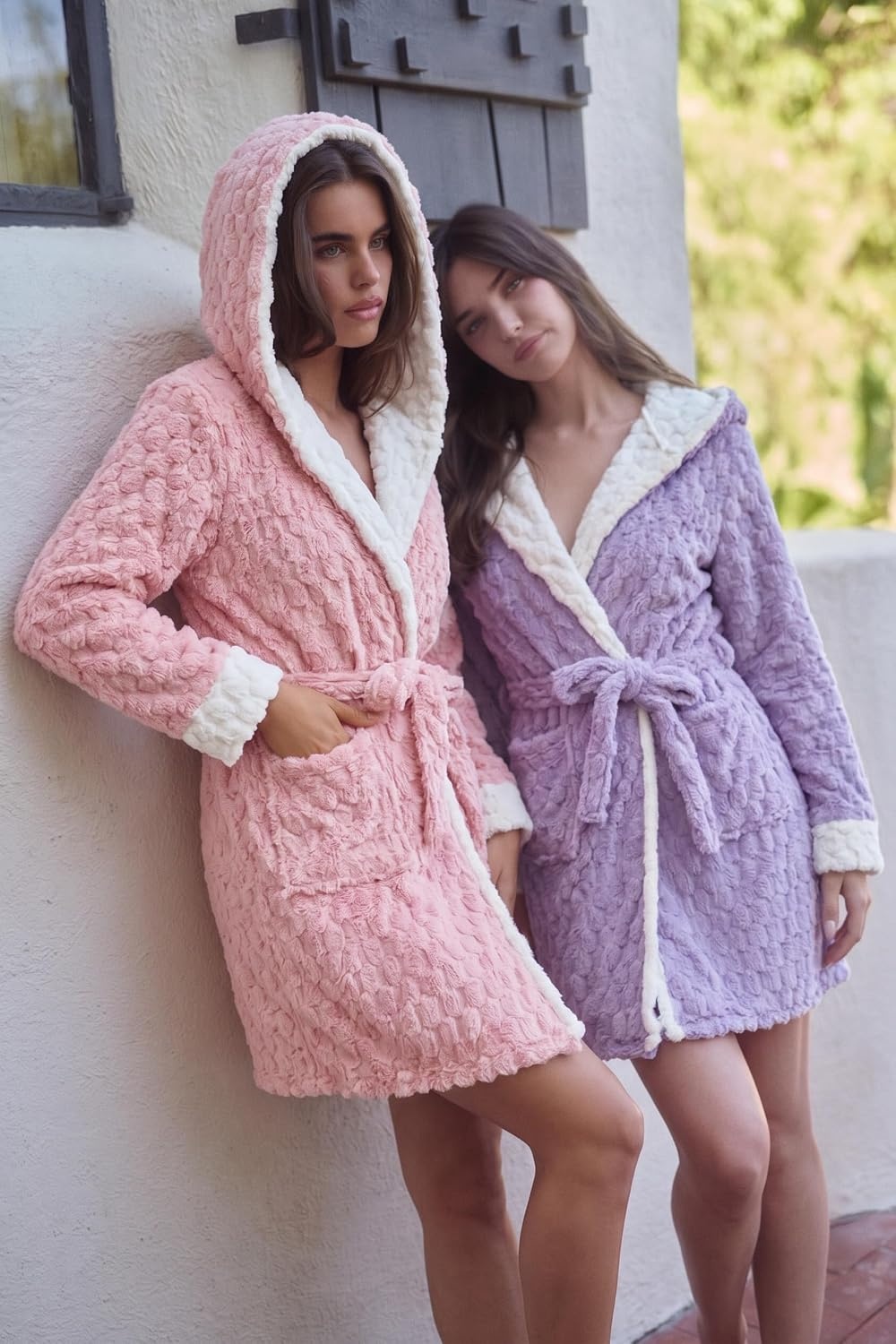 image:imageEkouaer Womens Hooded Bathrobe Short Fleece Robe Soft Luxury SleepwearPurplejacquard