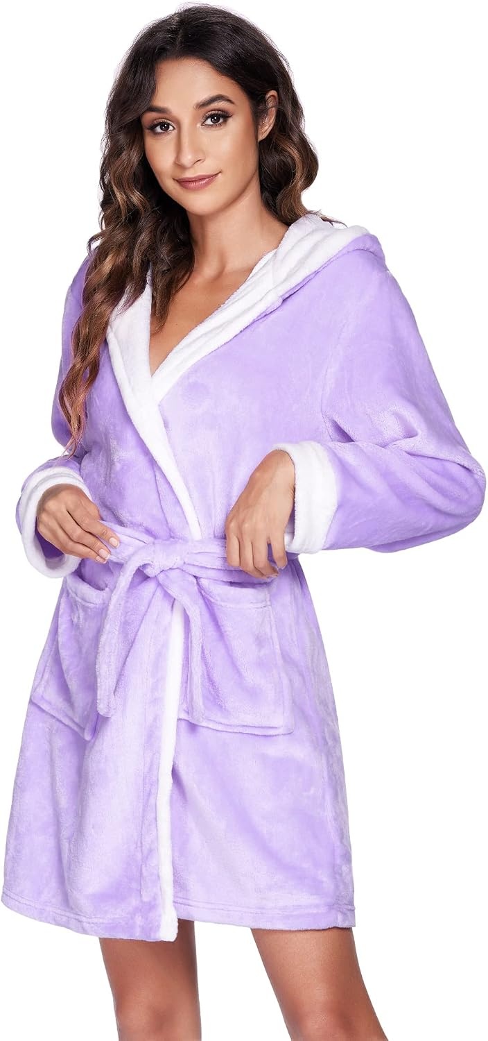 image:imageEkouaer Womens Hooded Bathrobe Short Fleece Robe Soft Luxury SleepwearZ Lavender
