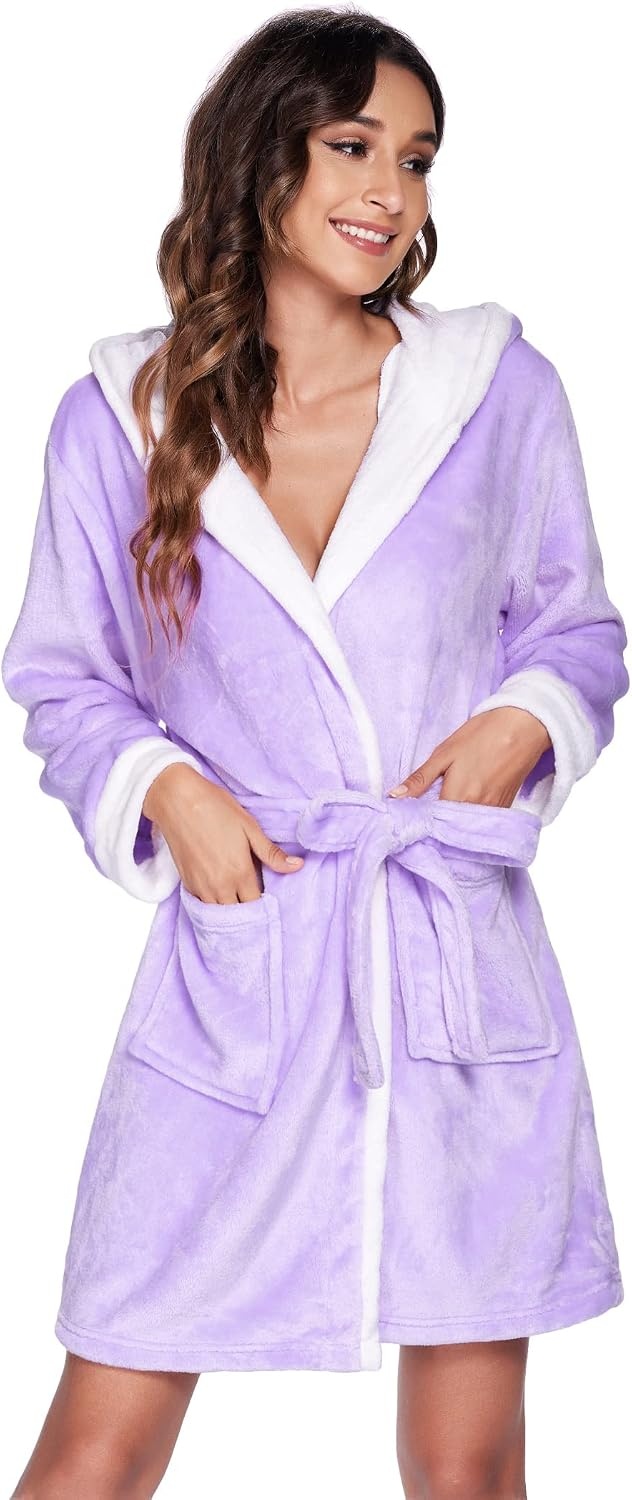 image:imageEkouaer Womens Hooded Bathrobe Short Fleece Robe Soft Luxury SleepwearZ Lavender