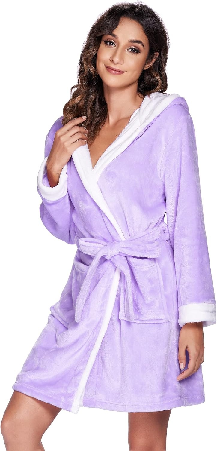 image:imageEkouaer Womens Hooded Bathrobe Short Fleece Robe Soft Luxury SleepwearZ Lavender