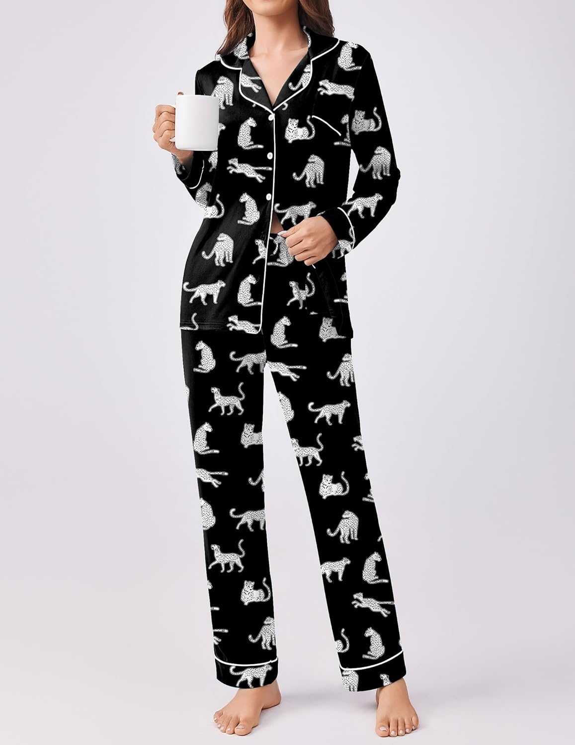 image:imageEkouaer Womens Pajamas Set Button Down Long Sleeve Top amp Pants Lounge SetsBlack Leopard