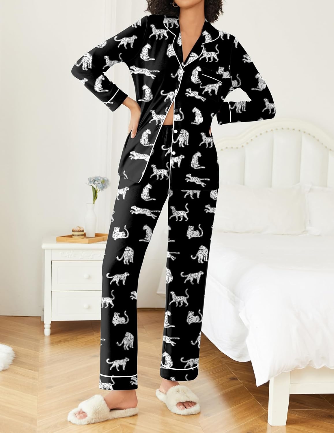 image:imageEkouaer Womens Pajamas Set Button Down Long Sleeve Top amp Pants Lounge SetsBlack Leopard