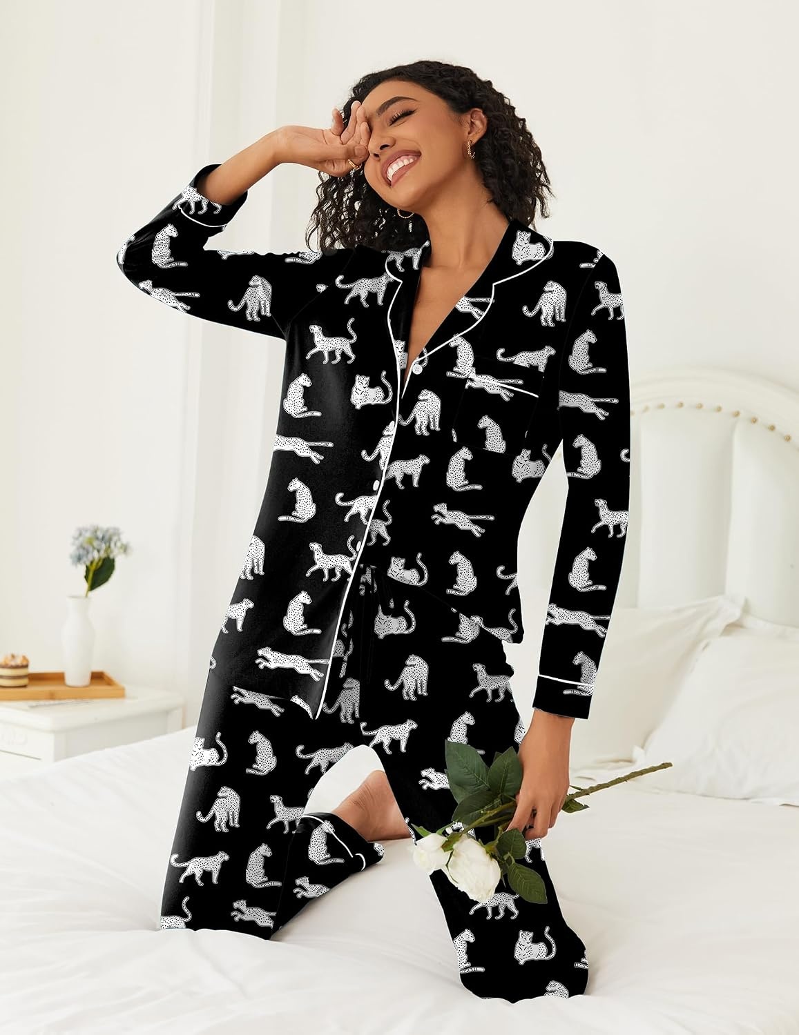 image:imageEkouaer Womens Pajamas Set Button Down Long Sleeve Top amp Pants Lounge SetsBlack Leopard