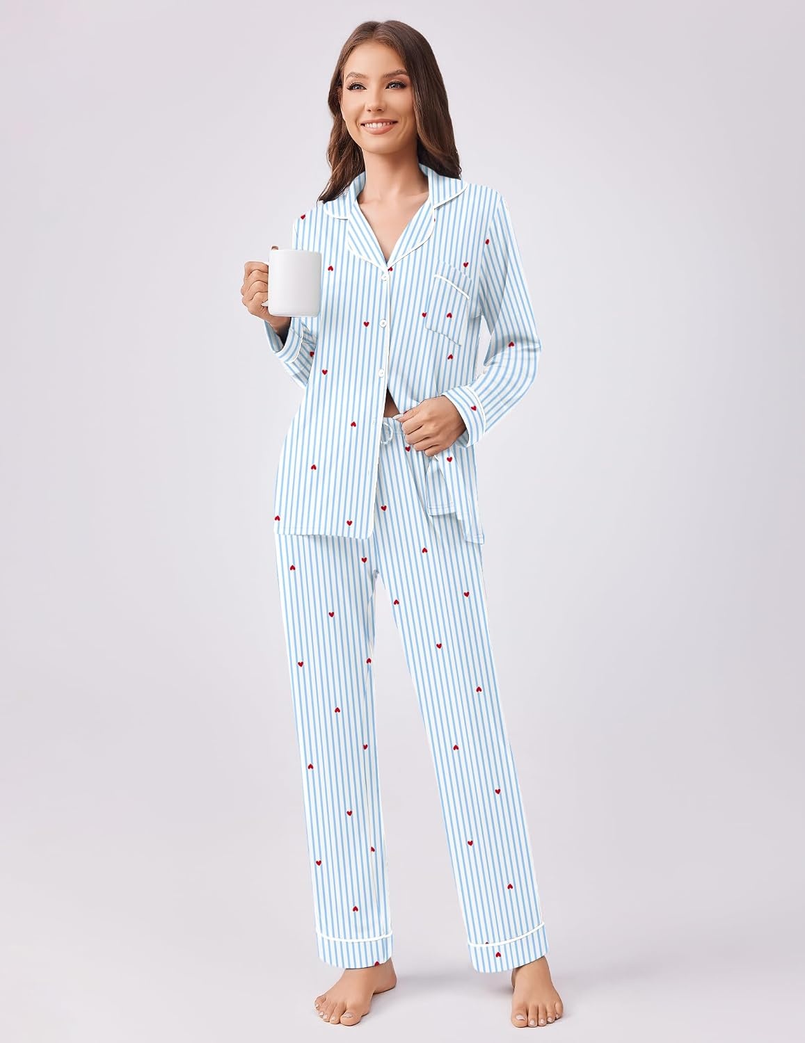 image:imageEkouaer Womens Pajamas Set Button Down Long Sleeve Top amp Pants Lounge SetsBlue Stripes Hearts
