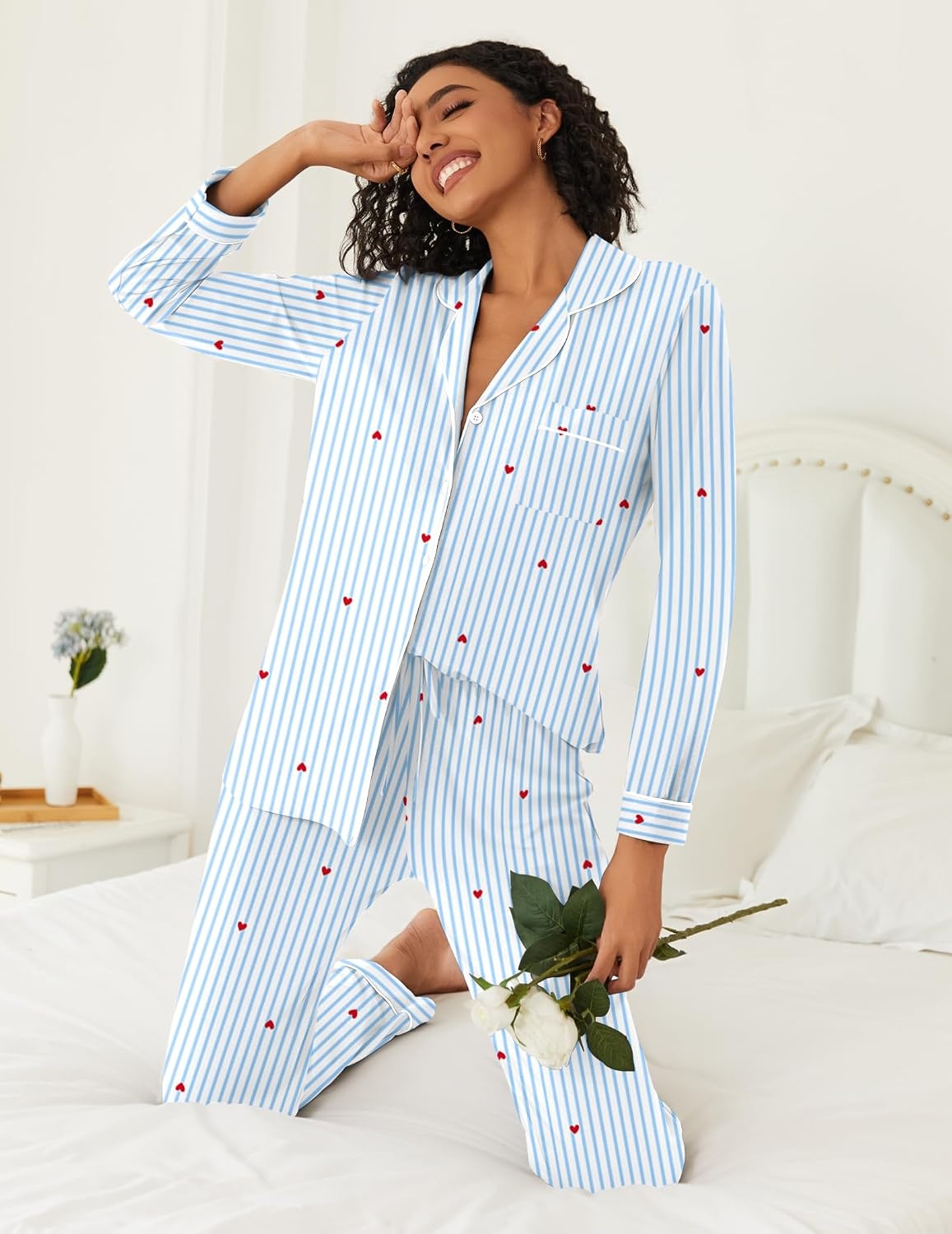 image:imageEkouaer Womens Pajamas Set Button Down Long Sleeve Top amp Pants Lounge SetsBlue Stripes Hearts