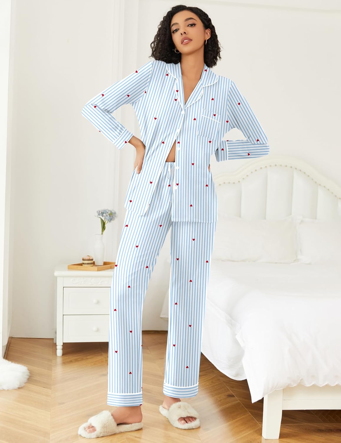 image:imageEkouaer Womens Pajamas Set Button Down Long Sleeve Top amp Pants Lounge SetsBlue Stripes Hearts