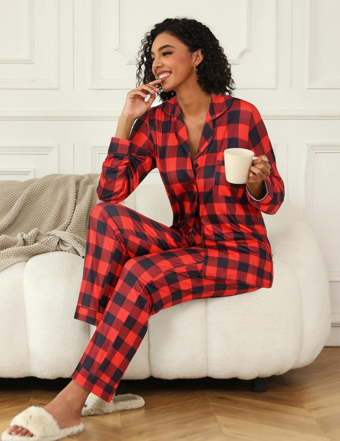 image:imageEkouaer Womens Pajamas Set Button Down Long Sleeve Top amp Pants Lounge SetsBred Plaid