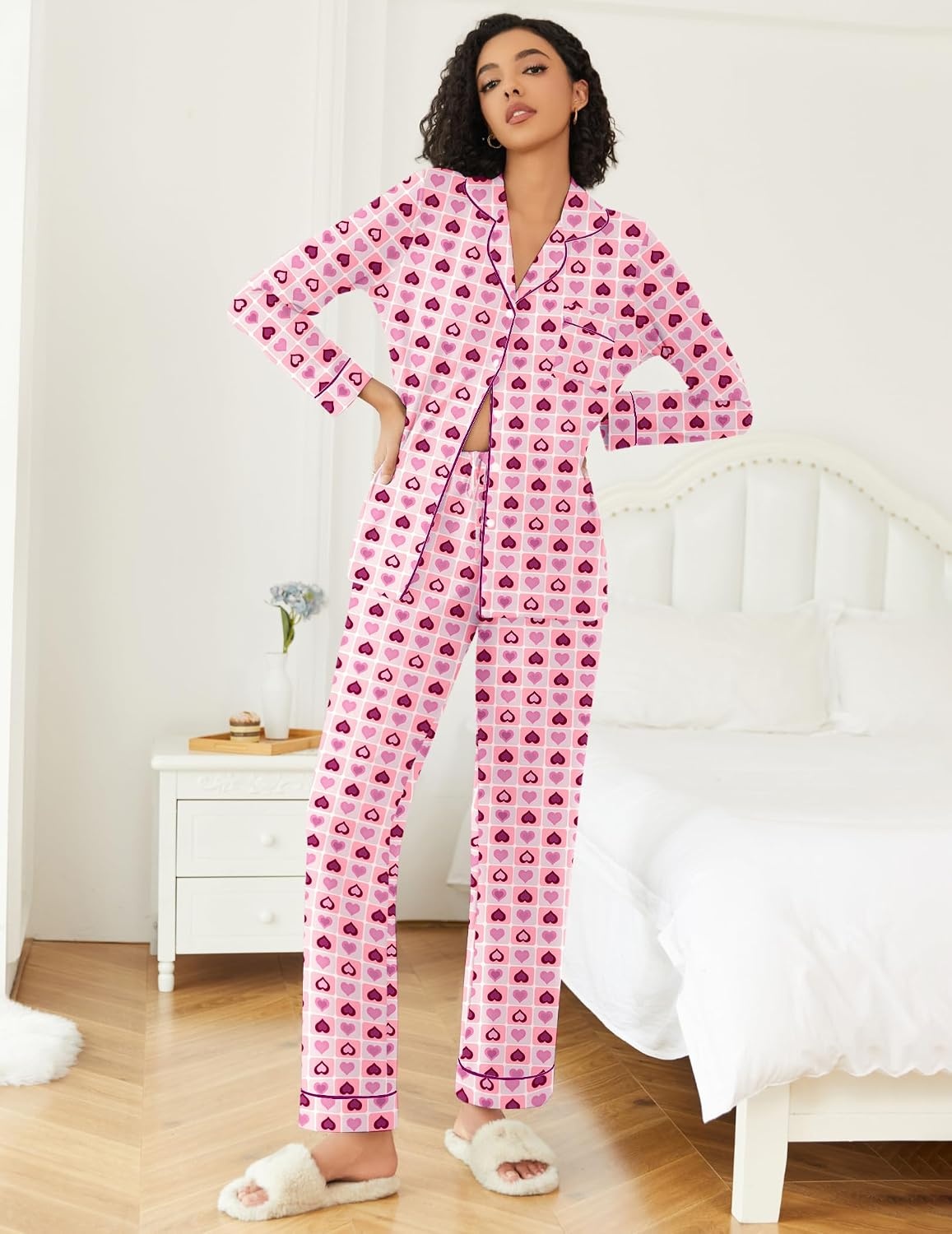 image:imageEkouaer Womens Pajamas Set Button Down Long Sleeve Top amp Pants Lounge SetsLove Hearts