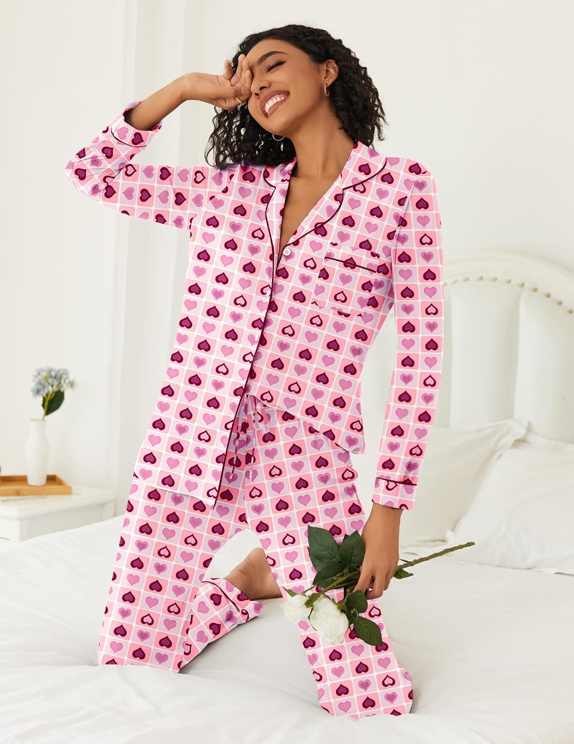 image:imageEkouaer Womens Pajamas Set Button Down Long Sleeve Top amp Pants Lounge SetsLove Hearts