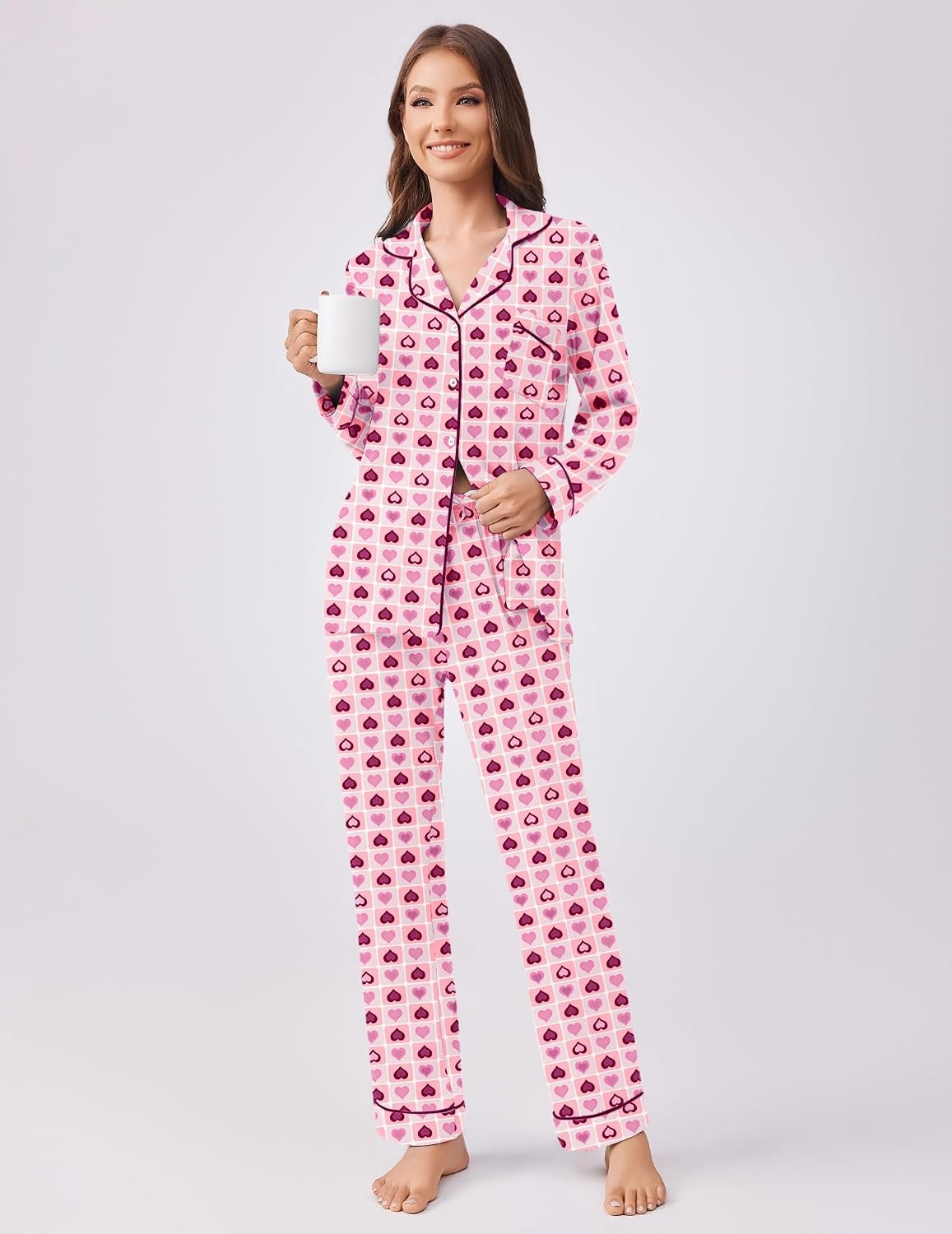 image:imageEkouaer Womens Pajamas Set Button Down Long Sleeve Top amp Pants Lounge SetsLove Hearts