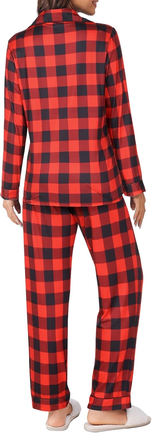 image:imageEkouaer Womens Pajamas Set Button Down Long Sleeve Top amp Pants Lounge SetsRed Plaid