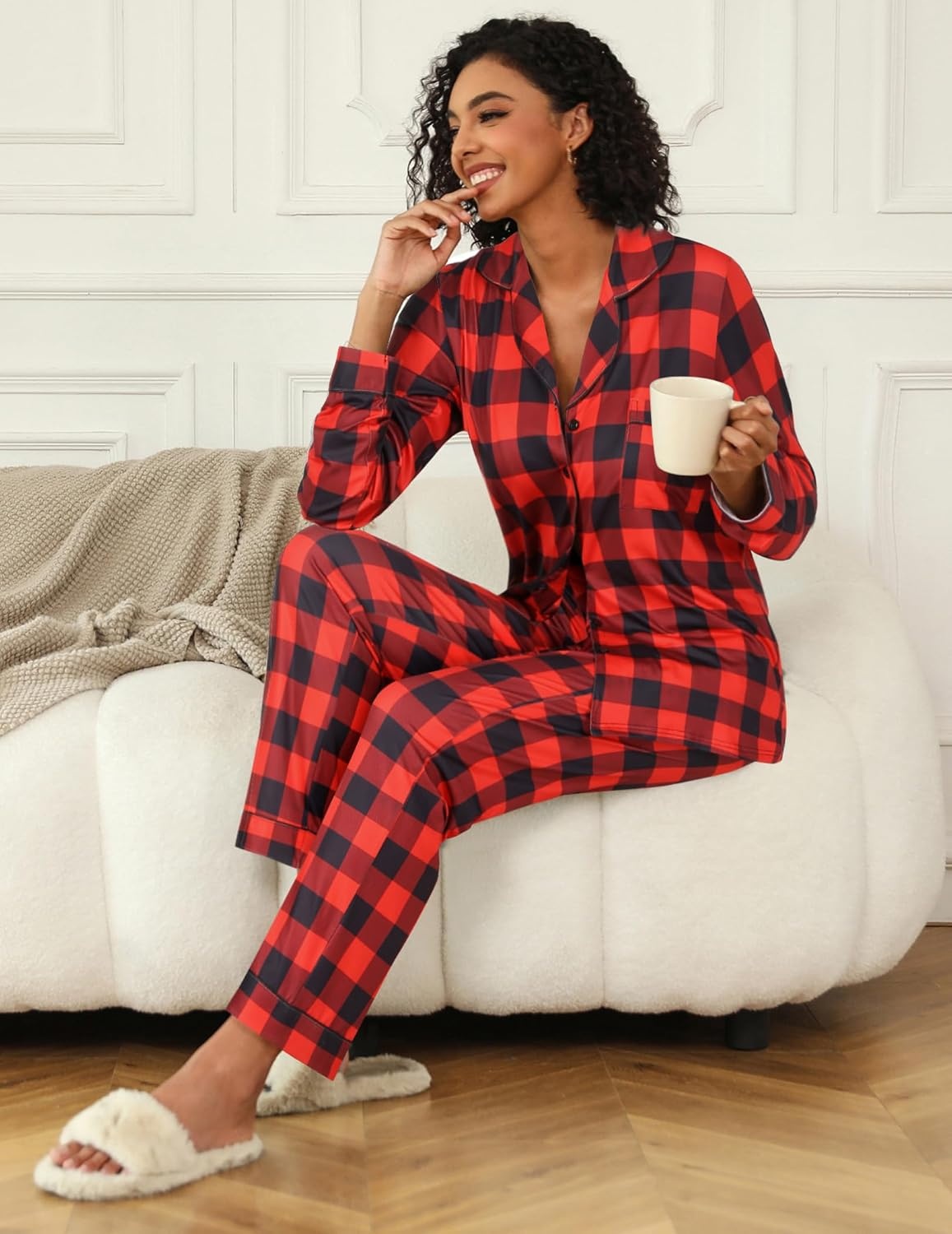image:imageEkouaer Womens Pajamas Set Button Down Long Sleeve Top amp Pants Lounge SetsRed Plaid