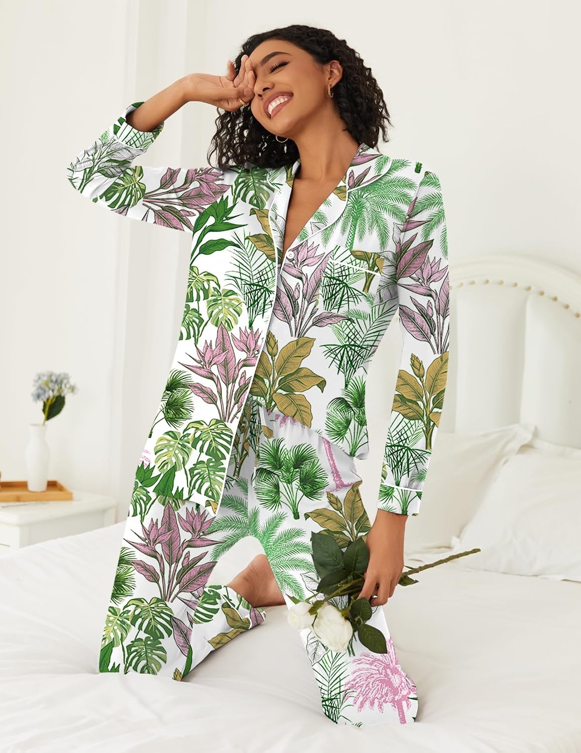 image:imageEkouaer Womens Pajamas Set Button Down Long Sleeve Top amp Pants Lounge SetsTree