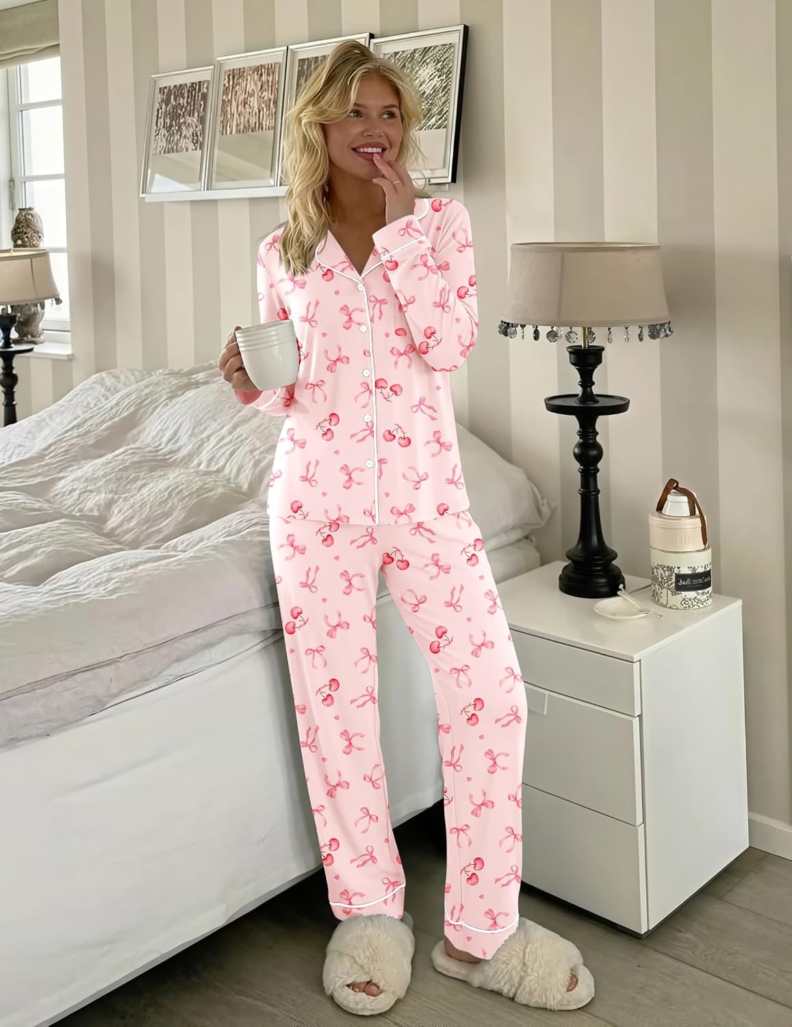 image:imageEkouaer Womens Pajamas Set Button Up Pjs Sleepwear Lounge SetsBow Tie
