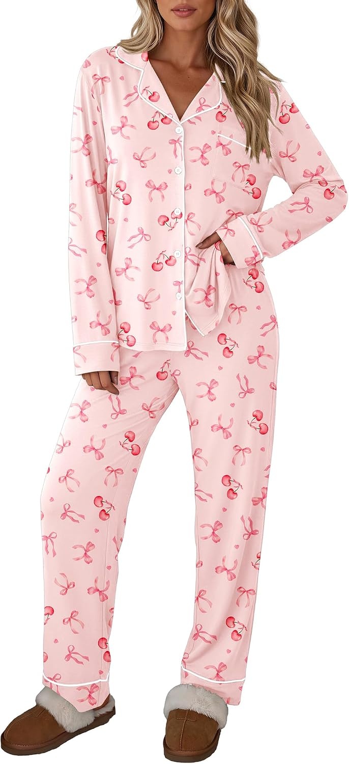 image:imageEkouaer Womens Pajamas Set Button Up Pjs Sleepwear Lounge SetsBow Tie