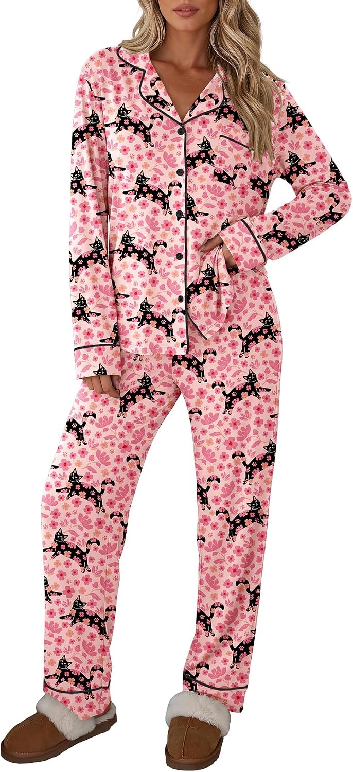 image:imageEkouaer Womens Pajamas Set Button Up Pjs Sleepwear Lounge SetsCat