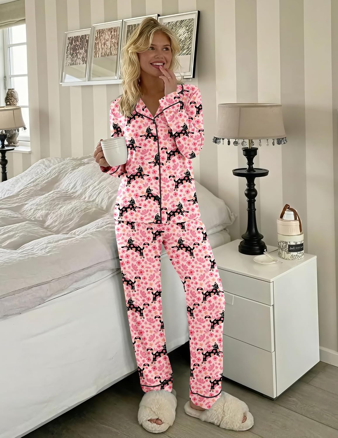 image:imageEkouaer Womens Pajamas Set Button Up Pjs Sleepwear Lounge SetsCat