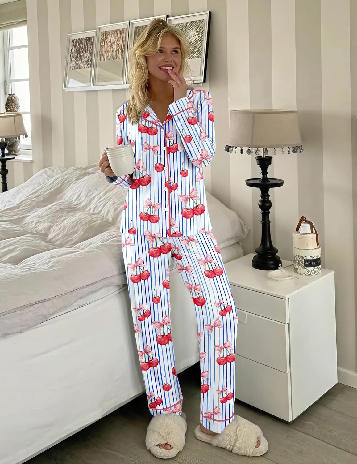 image:imageEkouaer Womens Pajamas Set Button Up Pjs Sleepwear Lounge SetsCherry