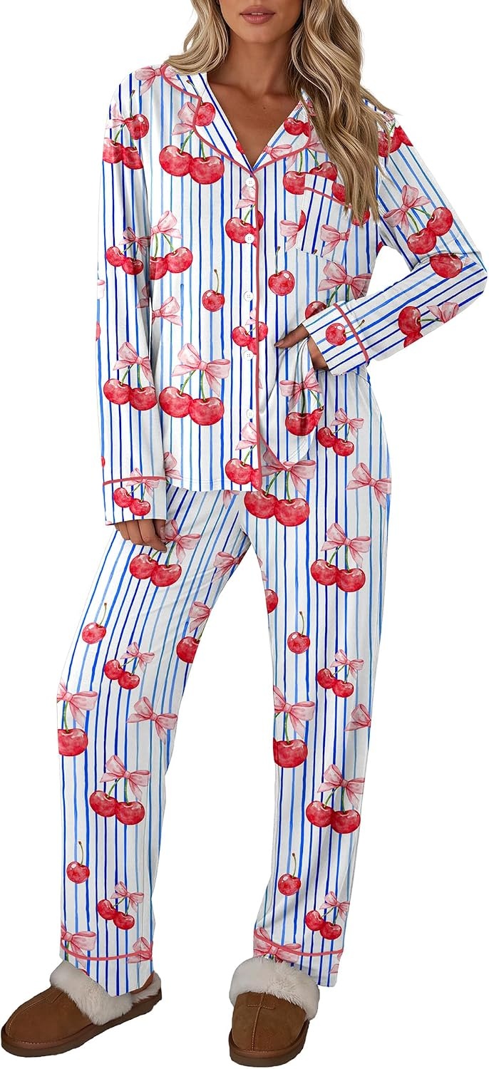 image:imageEkouaer Womens Pajamas Set Button Up Pjs Sleepwear Lounge SetsCherry