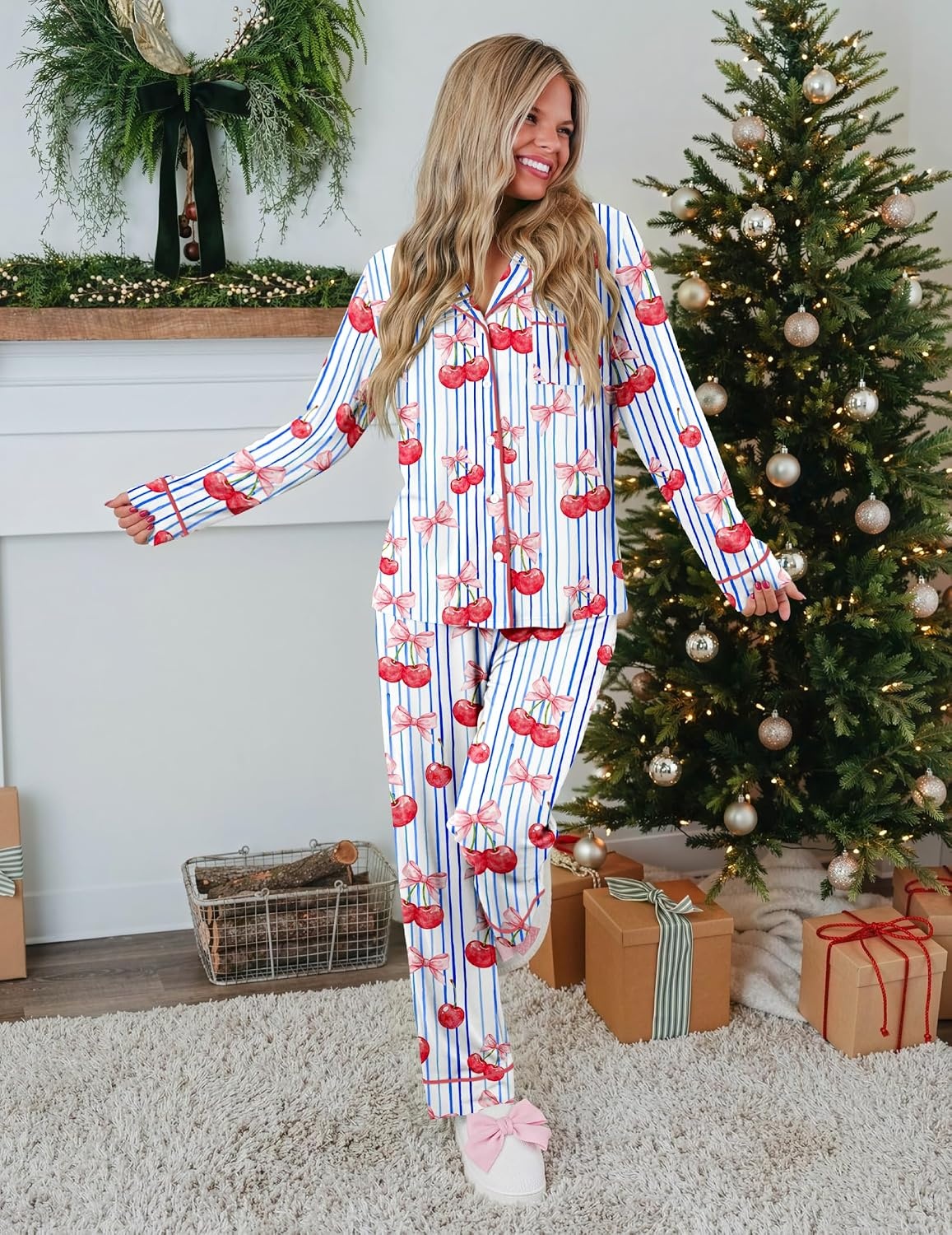 image:imageEkouaer Womens Pajamas Set Button Up Pjs Sleepwear Lounge SetsCherry