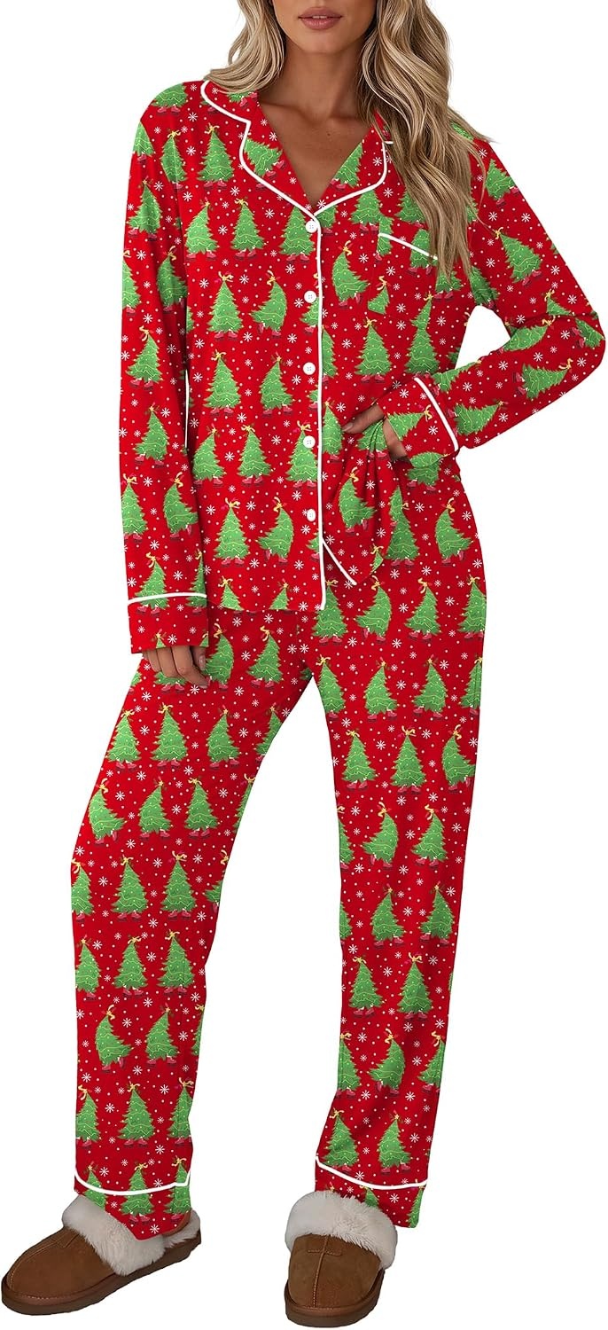 image:imageEkouaer Womens Pajamas Set Button Up Pjs Sleepwear Lounge SetsDancing Tree