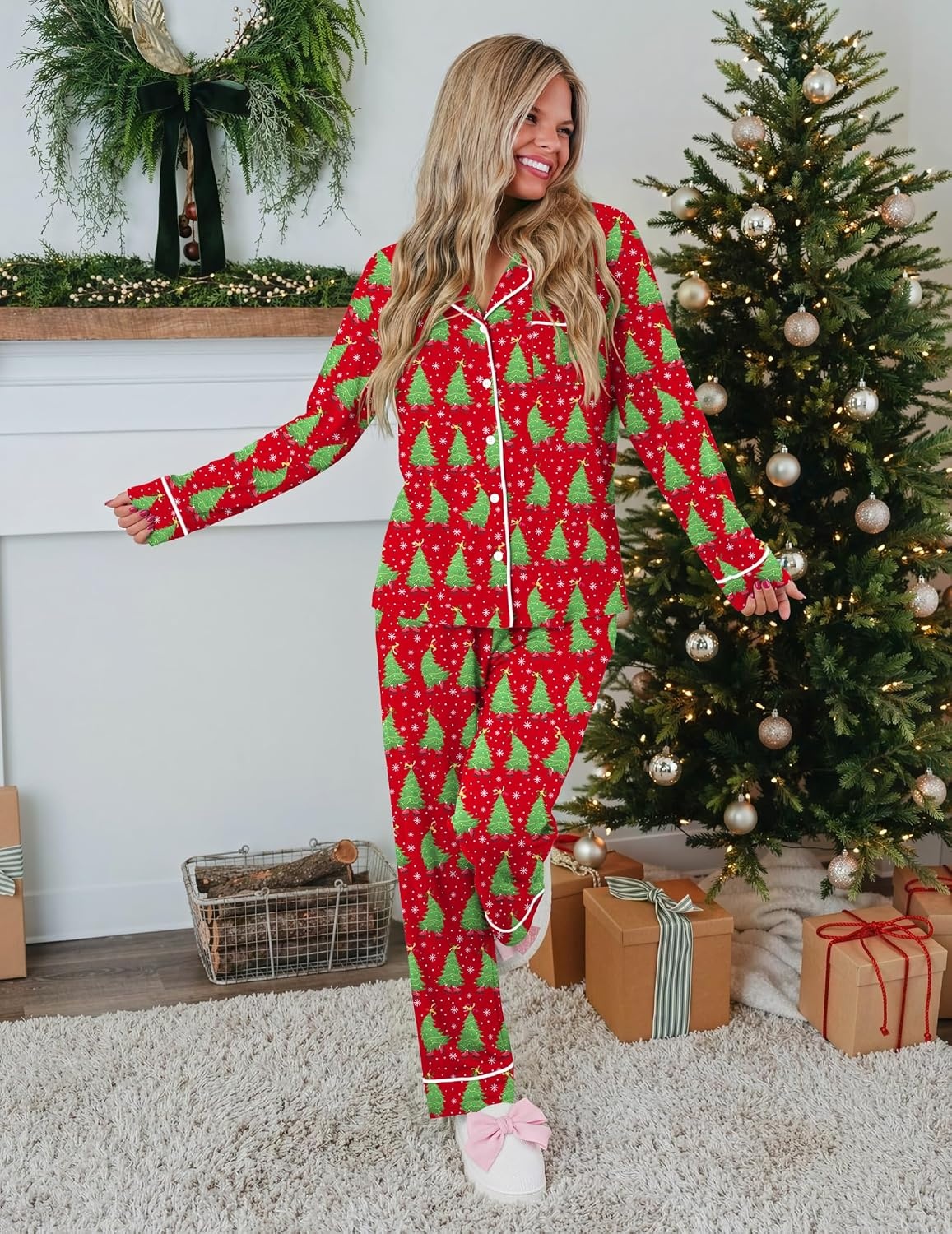 image:imageEkouaer Womens Pajamas Set Button Up Pjs Sleepwear Lounge SetsDancing Tree