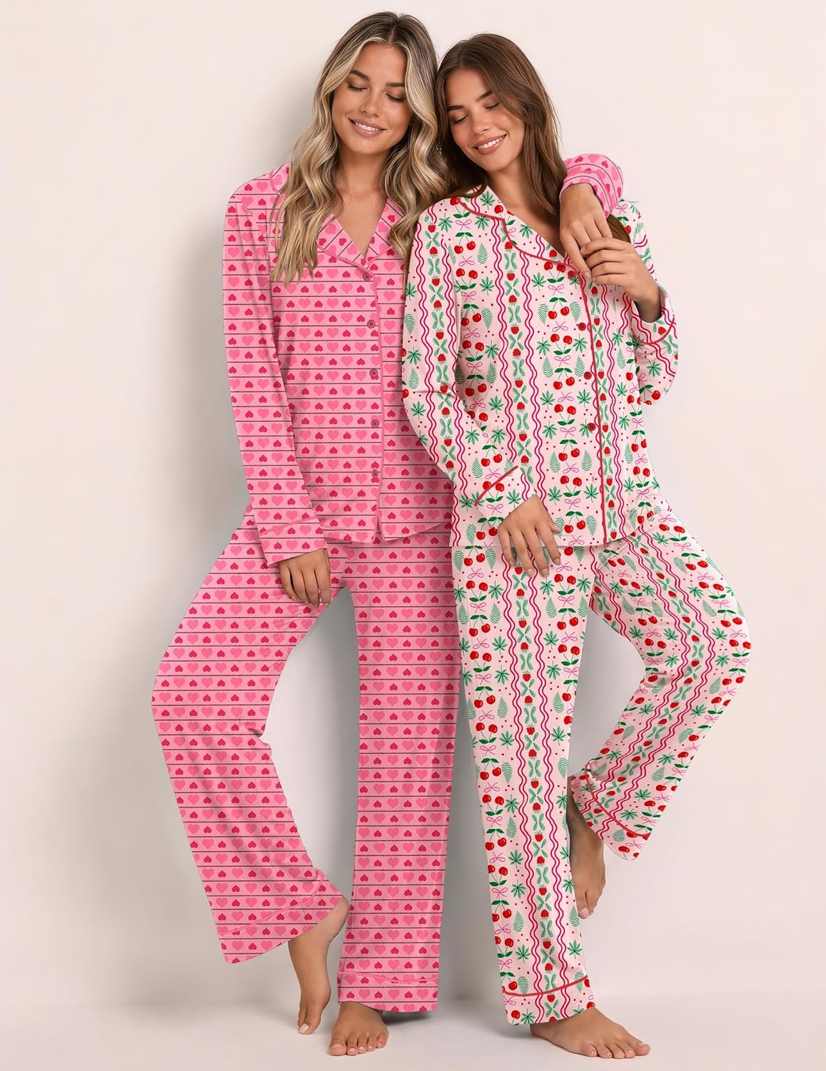 image:imageEkouaer Womens Pajamas Set Button Up Pjs Sleepwear Lounge SetsPink Cherries
