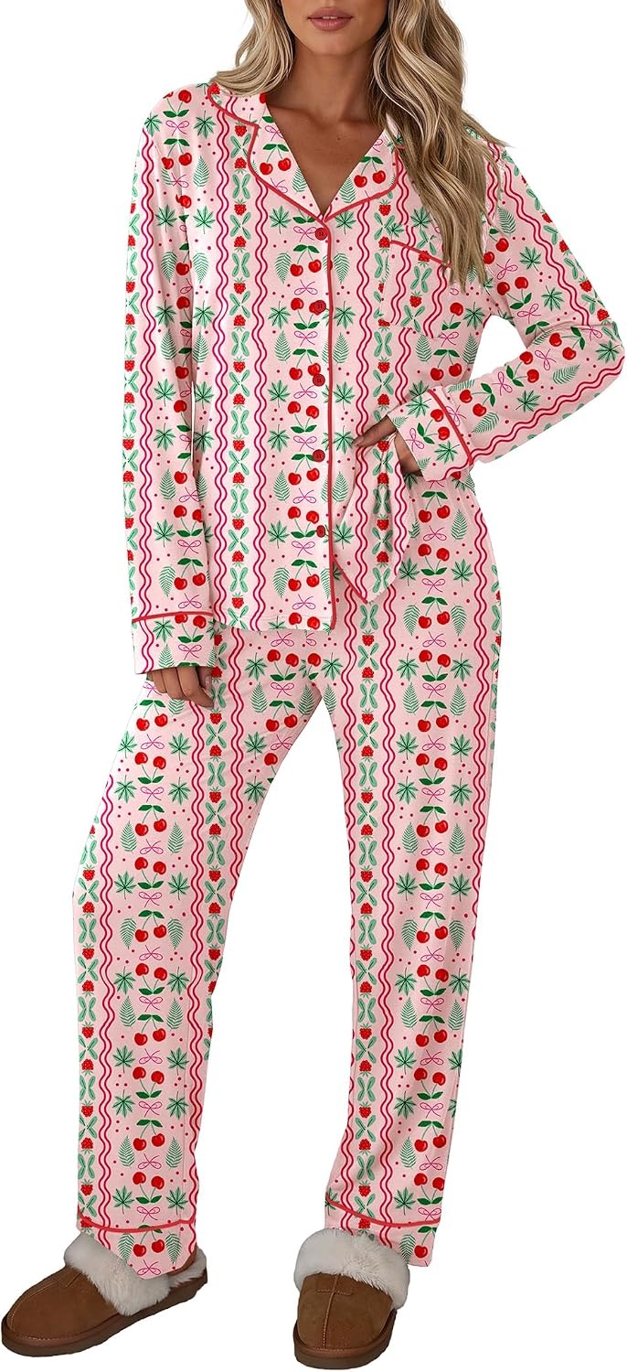 image:imageEkouaer Womens Pajamas Set Button Up Pjs Sleepwear Lounge SetsPink Cherries