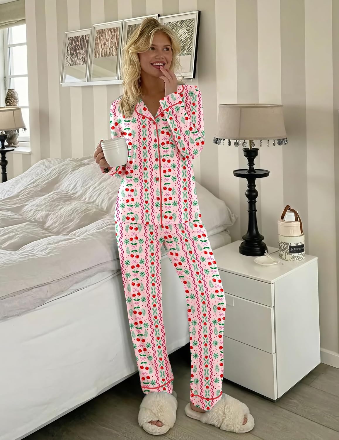 image:imageEkouaer Womens Pajamas Set Button Up Pjs Sleepwear Lounge SetsPink Cherries