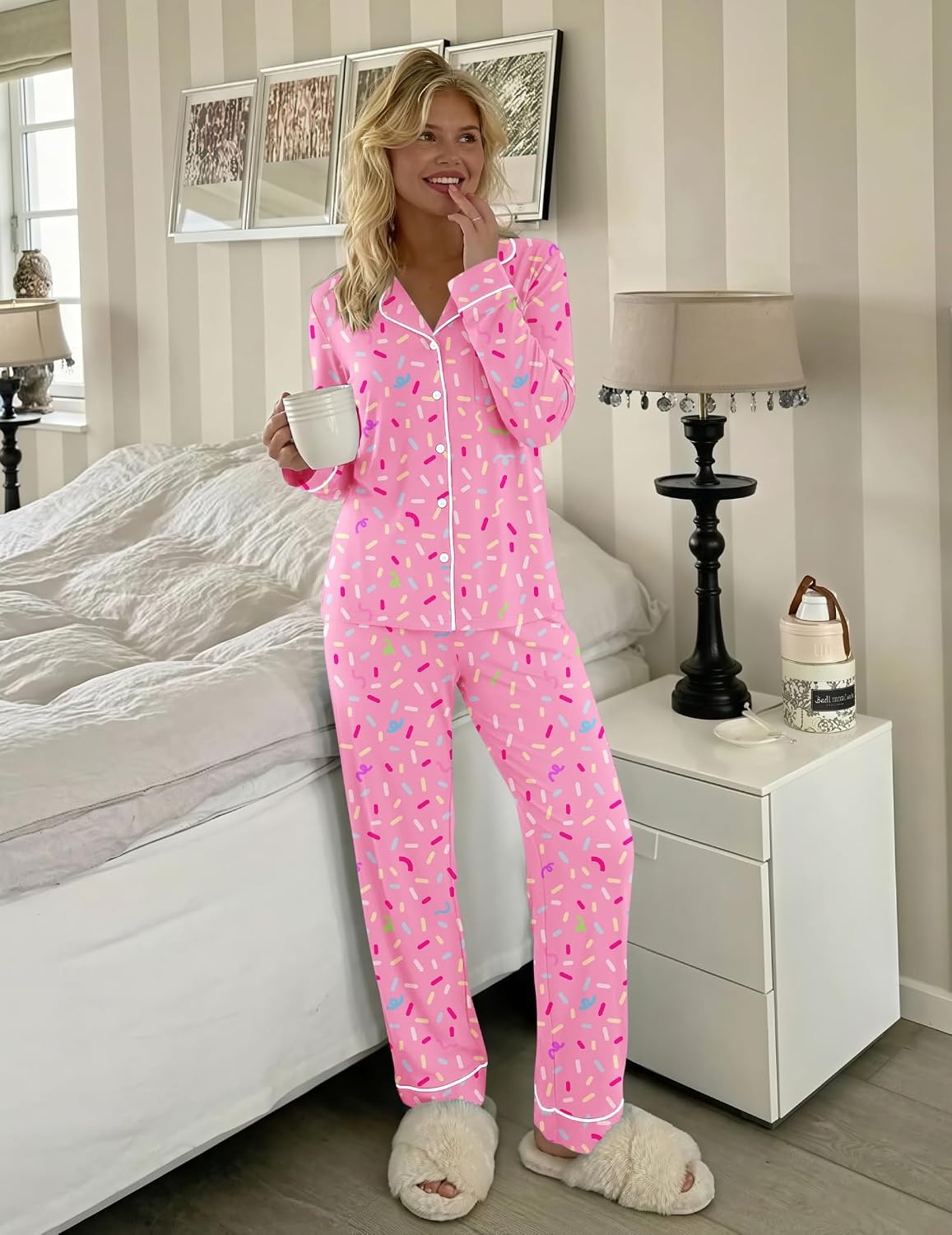 image:imageEkouaer Womens Pajamas Set Button Up Pjs Sleepwear Lounge SetsPink Ribbons