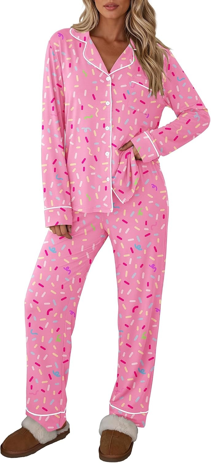 image:imageEkouaer Womens Pajamas Set Button Up Pjs Sleepwear Lounge SetsPink Ribbons