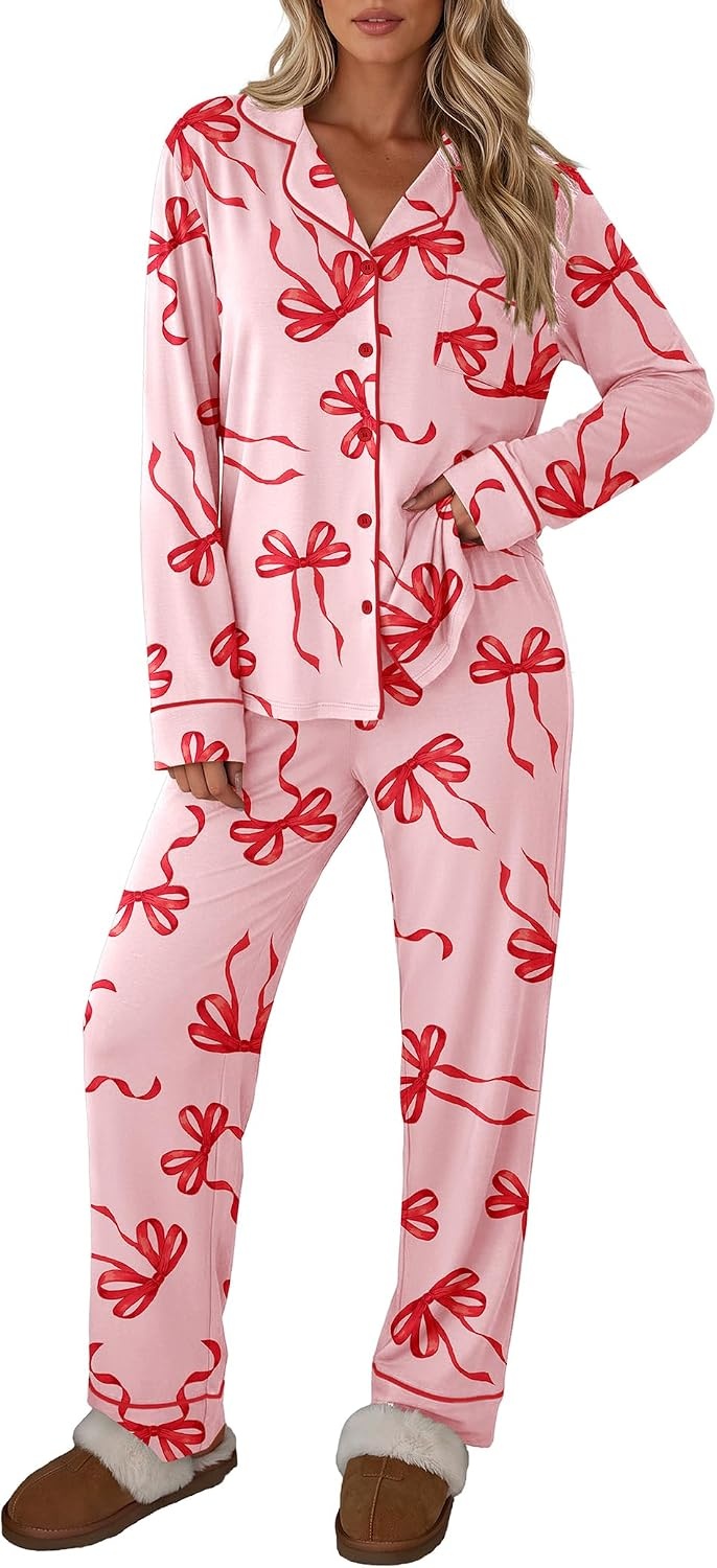 image:imageEkouaer Womens Pajamas Set Button Up Pjs Sleepwear Lounge SetsRed Bow