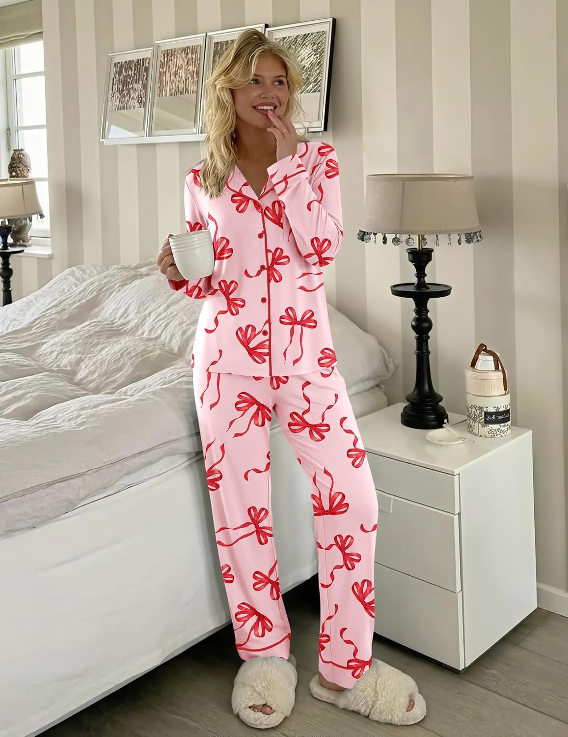 image:imageEkouaer Womens Pajamas Set Button Up Pjs Sleepwear Lounge SetsRed Bow
