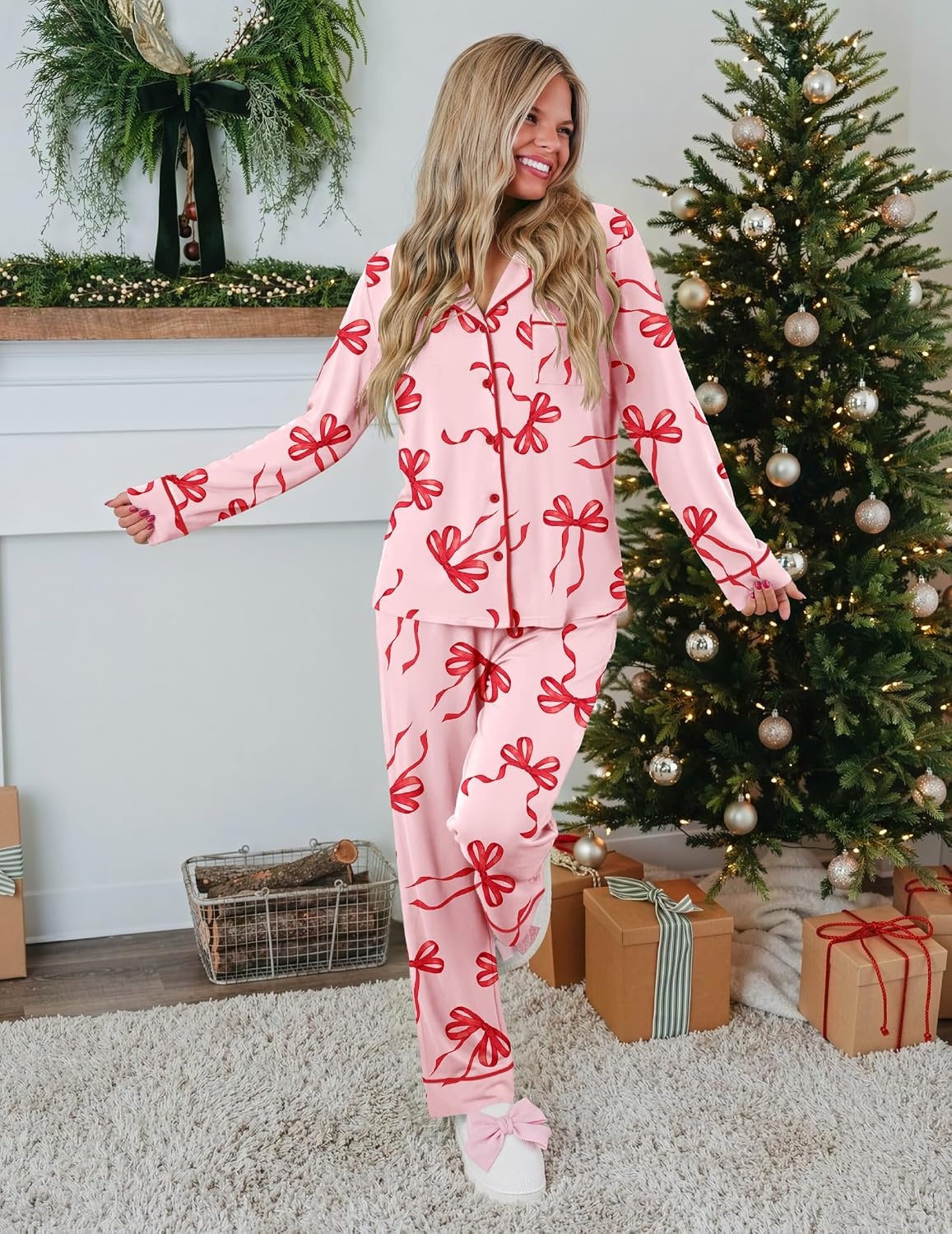 image:imageEkouaer Womens Pajamas Set Button Up Pjs Sleepwear Lounge SetsRed Bow