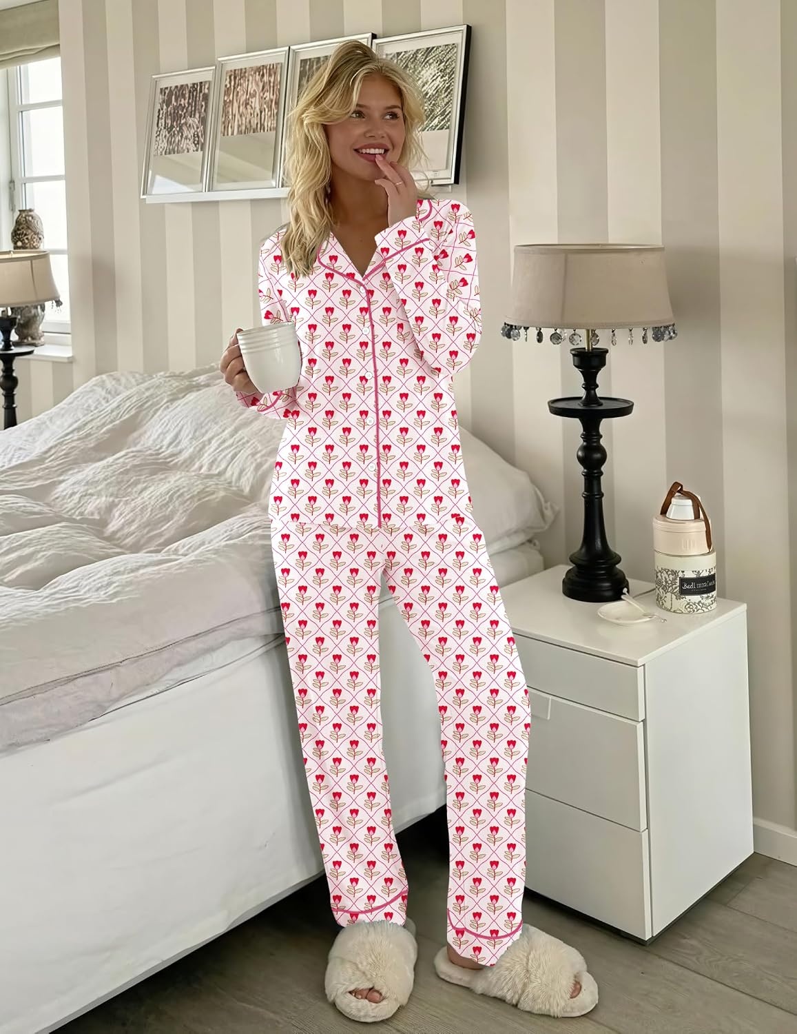 image:imageEkouaer Womens Pajamas Set Button Up Pjs Sleepwear Lounge SetsSmall Flowers