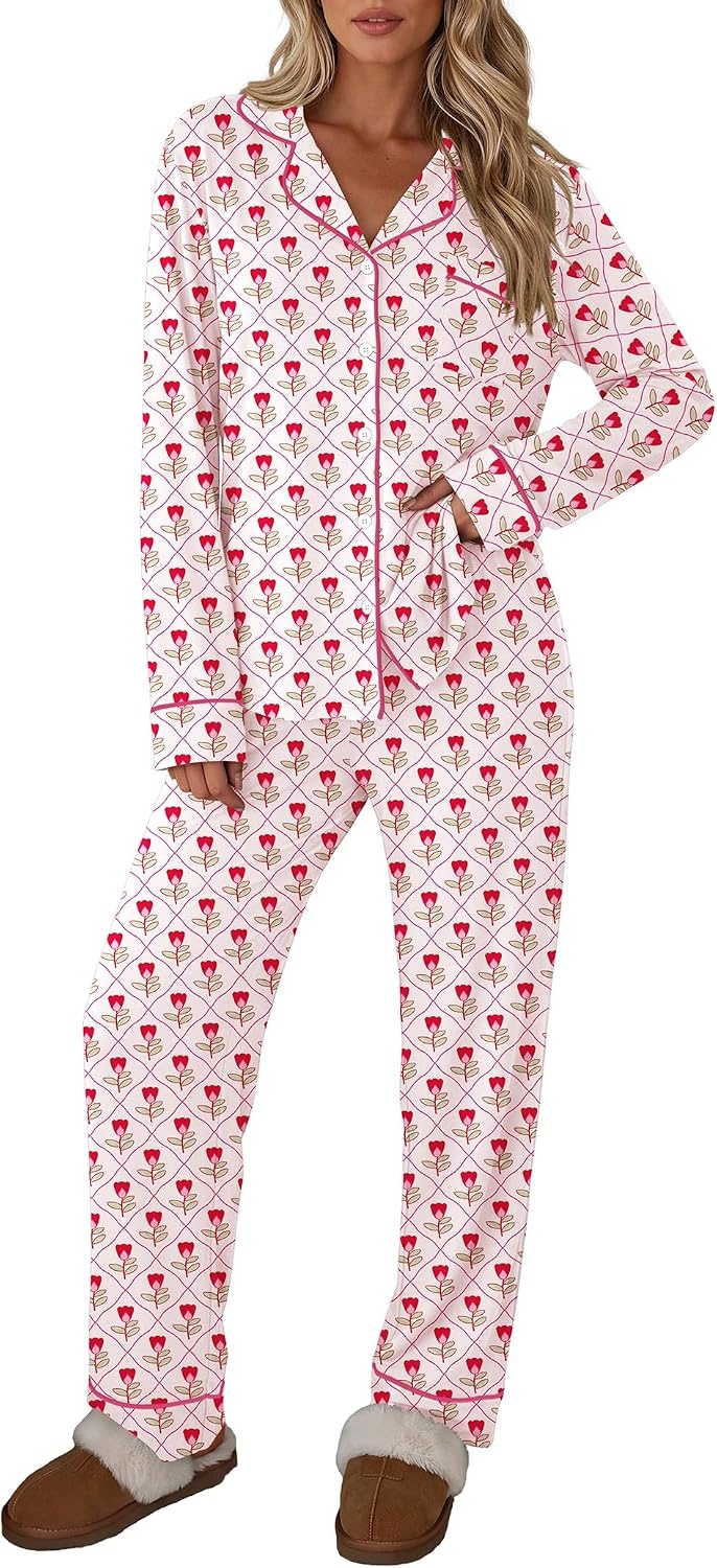 image:imageEkouaer Womens Pajamas Set Button Up Pjs Sleepwear Lounge SetsSmall Flowers