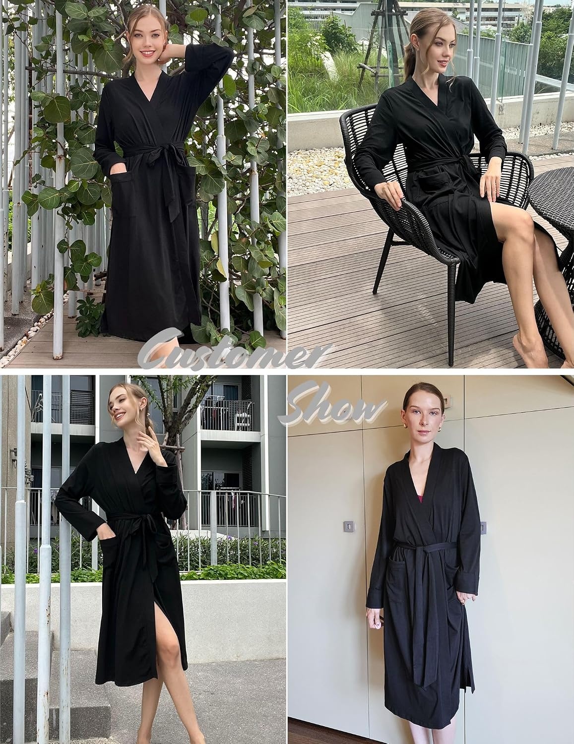 image:imageEkouaer Womens Robe Long Kimono Bathrobe Lightweight Sleepwear with PocketsBlack