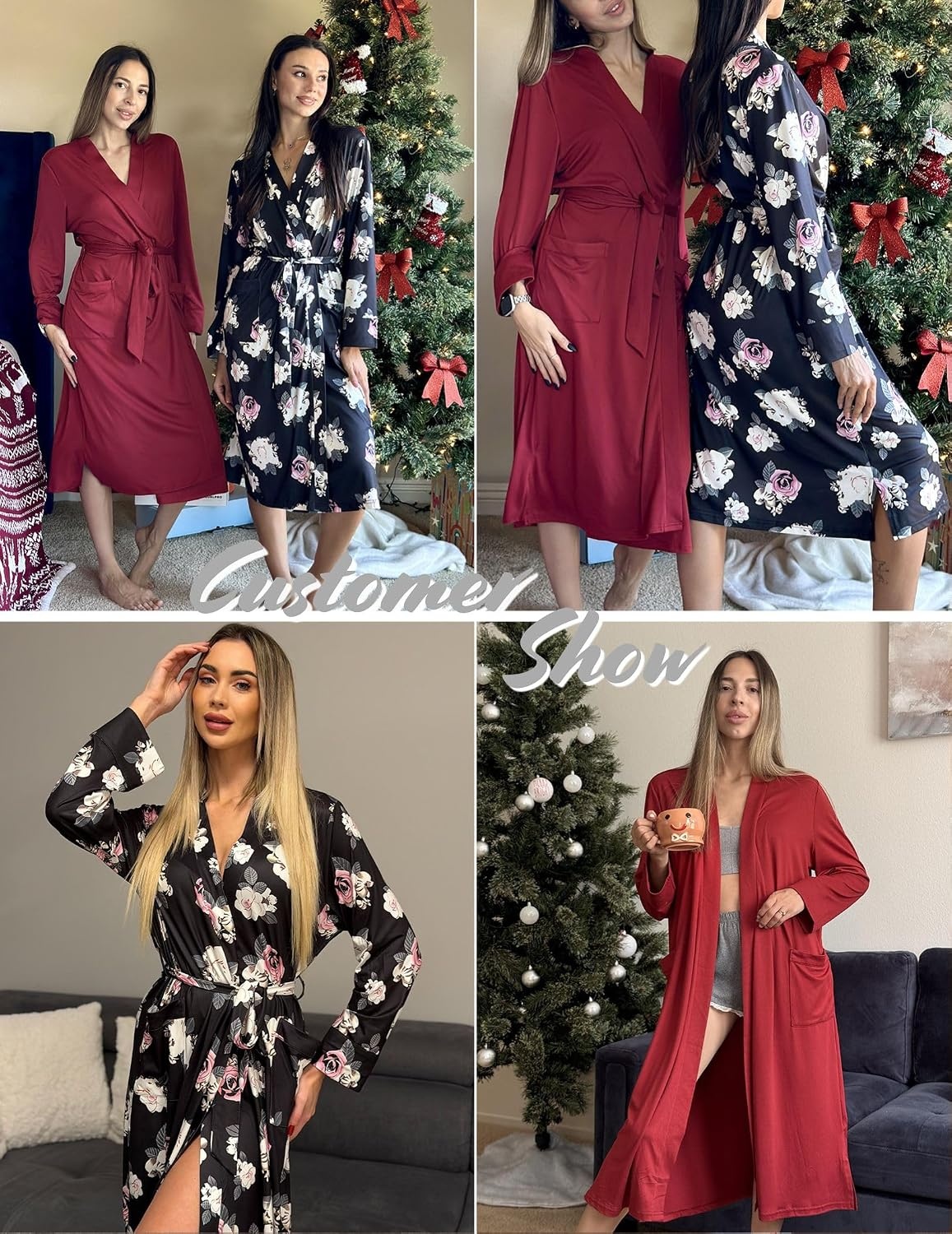 image:imageEkouaer Womens Robe Long Kimono Bathrobe Lightweight Sleepwear with PocketsFloral Black