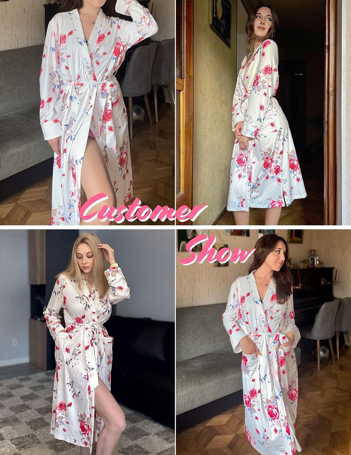 image:imageEkouaer Womens Robe Long Kimono Bathrobe Lightweight Sleepwear with PocketsWhite Red Flowers