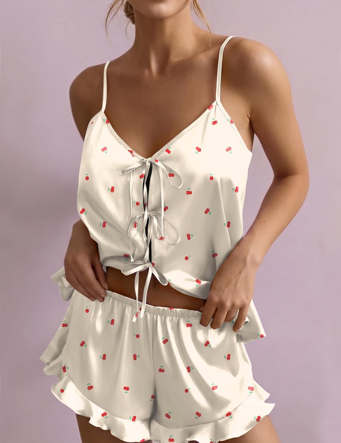 image:imageEkouaer Womens Satin Pajamas Sets Silk Cami Lingerie Pjs SleepwearBeige Cherry