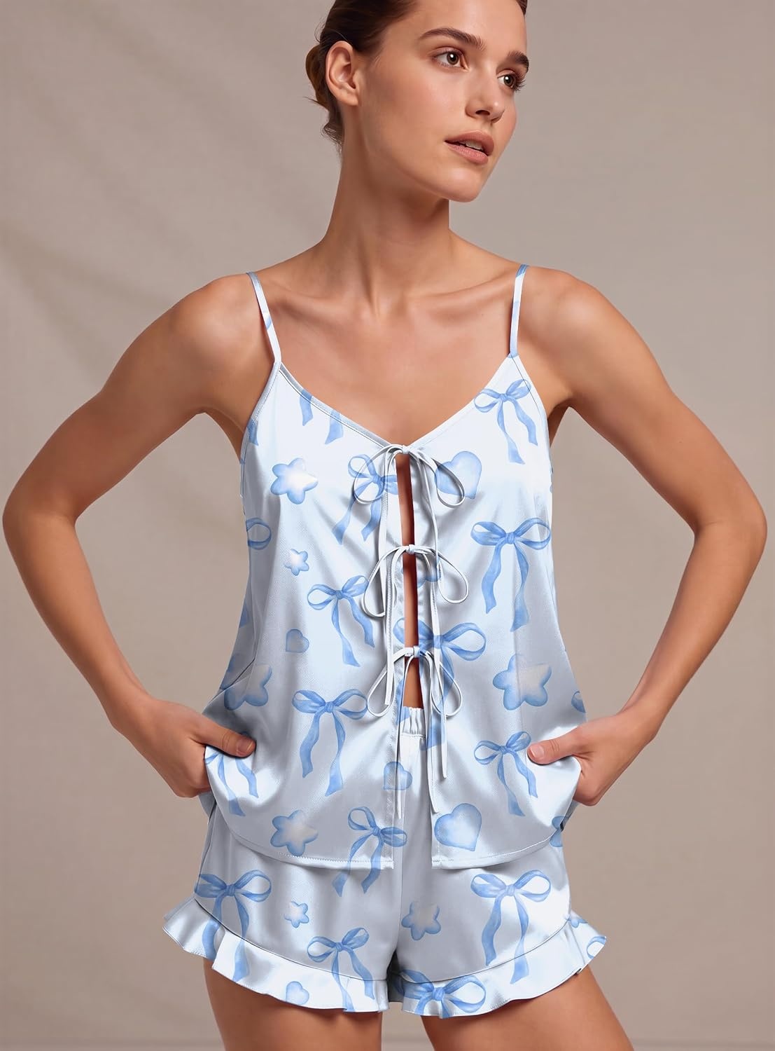 image:imageEkouaer Womens Satin Pajamas Sets Silk Cami Lingerie Pjs SleepwearBlue Bow