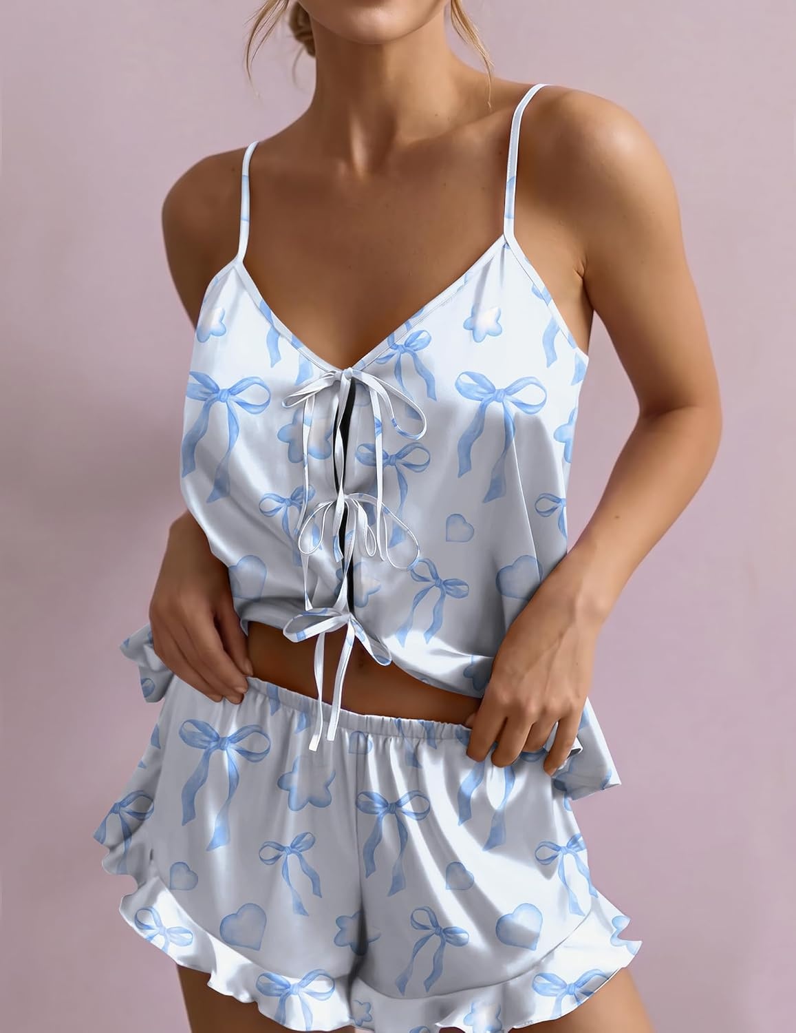 image:imageEkouaer Womens Satin Pajamas Sets Silk Cami Lingerie Pjs SleepwearBlue Bow