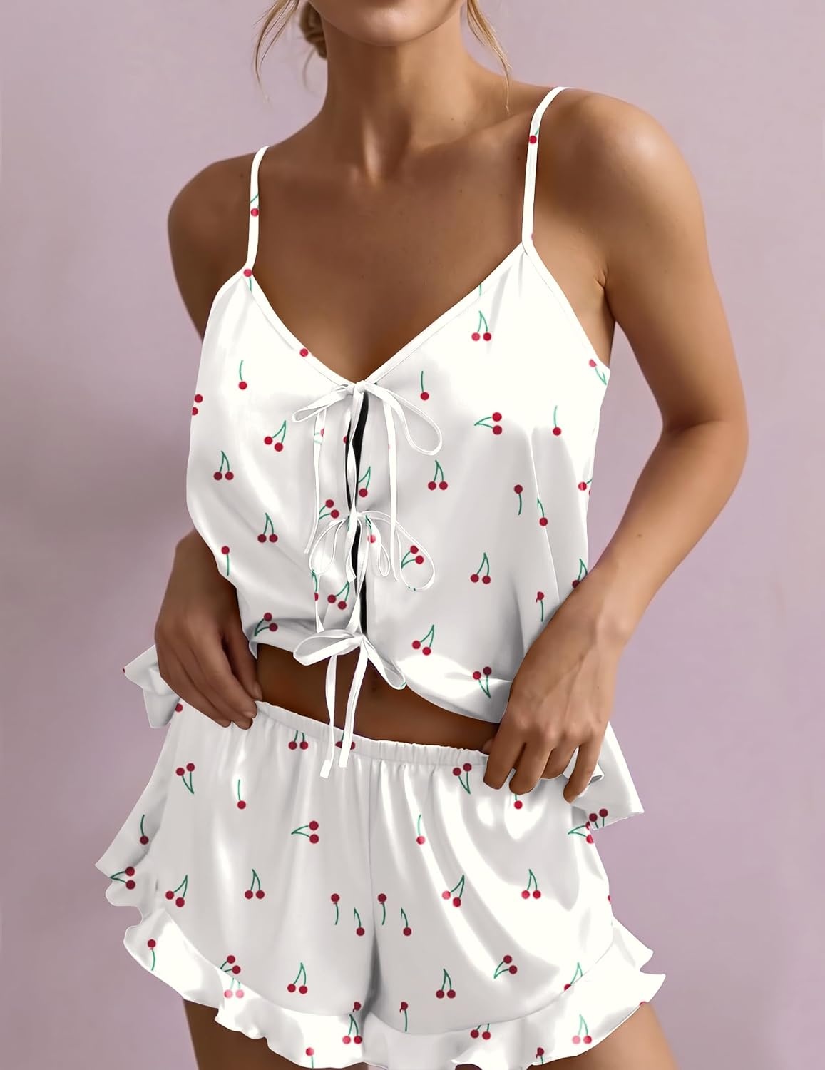 image:imageEkouaer Womens Satin Pajamas Sets Silk Cami Lingerie Pjs SleepwearCherry