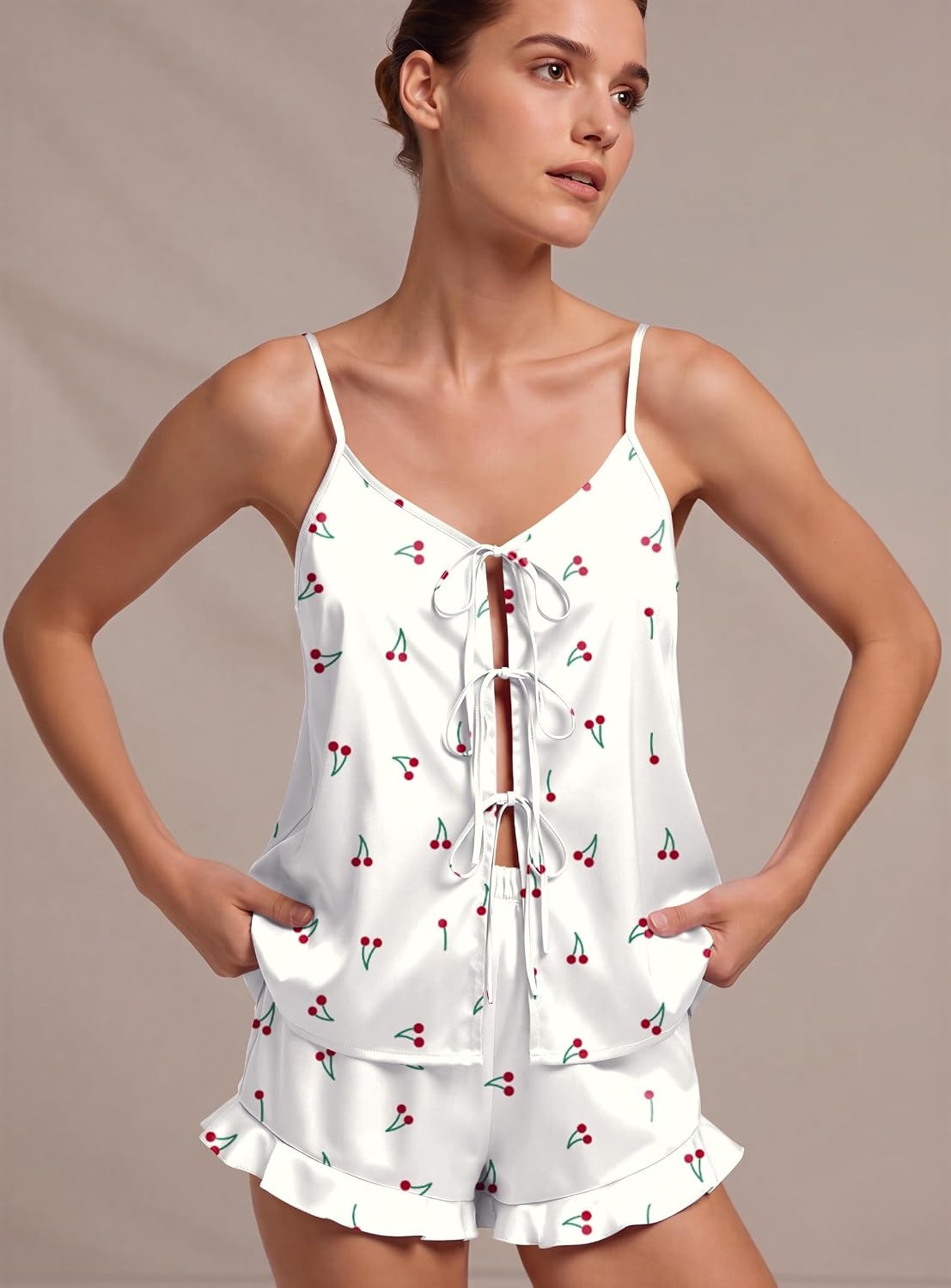 image:imageEkouaer Womens Satin Pajamas Sets Silk Cami Lingerie Pjs SleepwearCherry