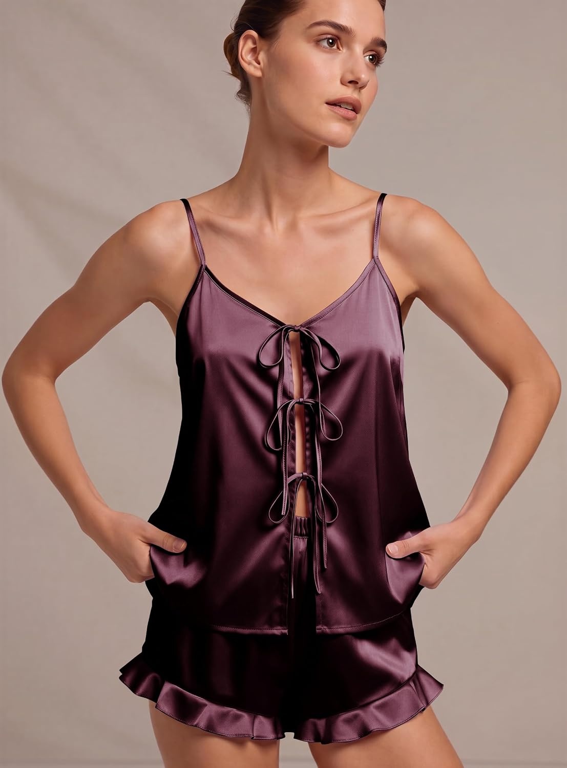 image:imageEkouaer Womens Satin Pajamas Sets Silk Cami Lingerie Pjs SleepwearDark Red
