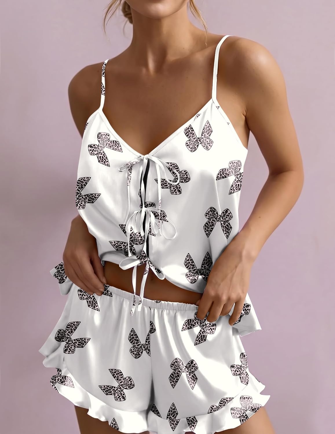 image:imageEkouaer Womens Satin Pajamas Sets Silk Cami Lingerie Pjs SleepwearLeopard Bow