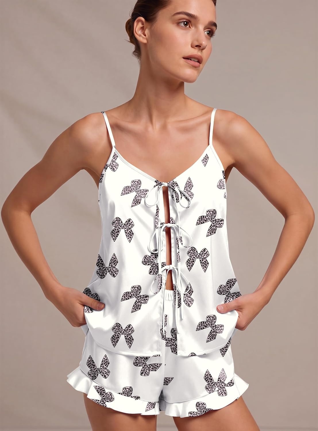 image:imageEkouaer Womens Satin Pajamas Sets Silk Cami Lingerie Pjs SleepwearLeopard Bow