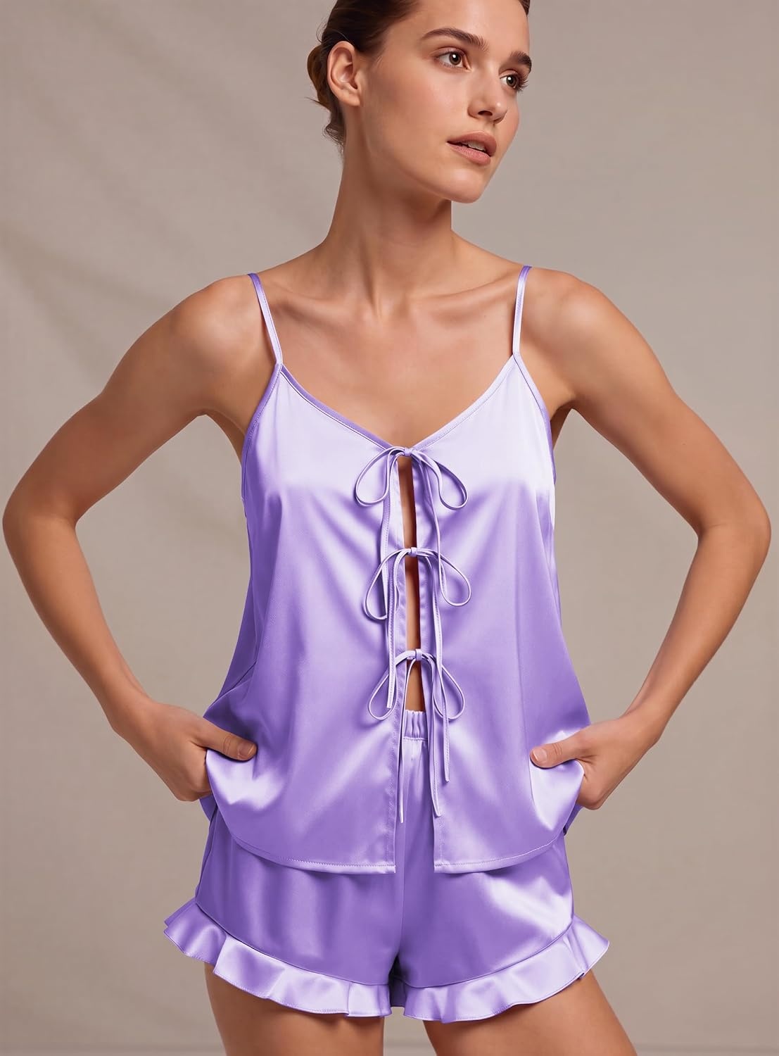 image:imageEkouaer Womens Satin Pajamas Sets Silk Cami Lingerie Pjs SleepwearLilac