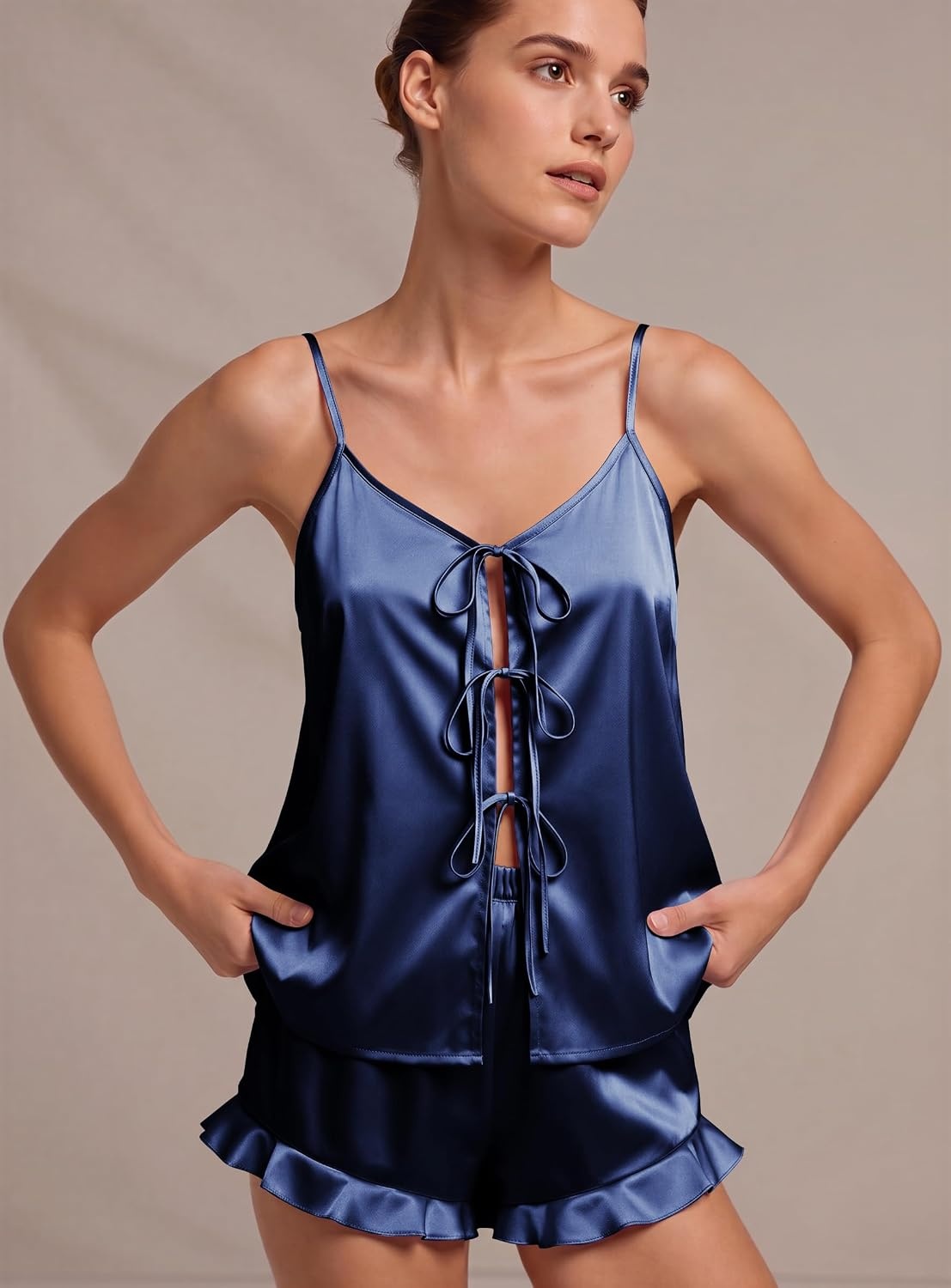 image:imageEkouaer Womens Satin Pajamas Sets Silk Cami Lingerie Pjs SleepwearNavy Blue