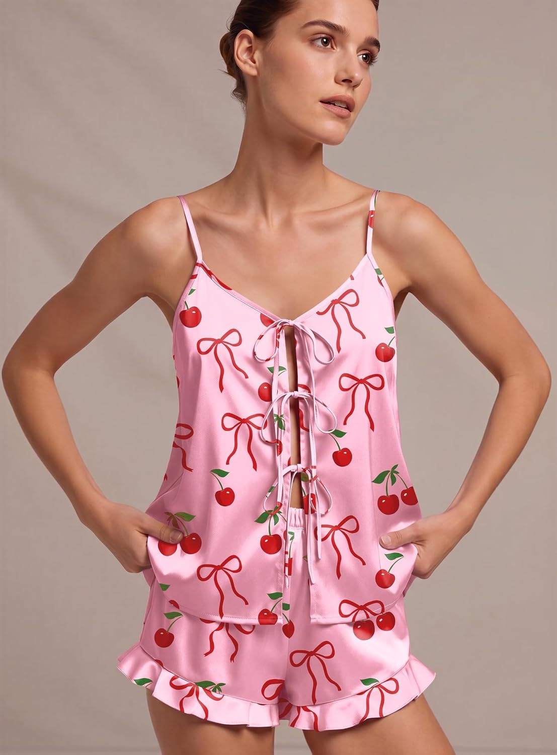 image:imageEkouaer Womens Satin Pajamas Sets Silk Cami Lingerie Pjs SleepwearPink Cherry